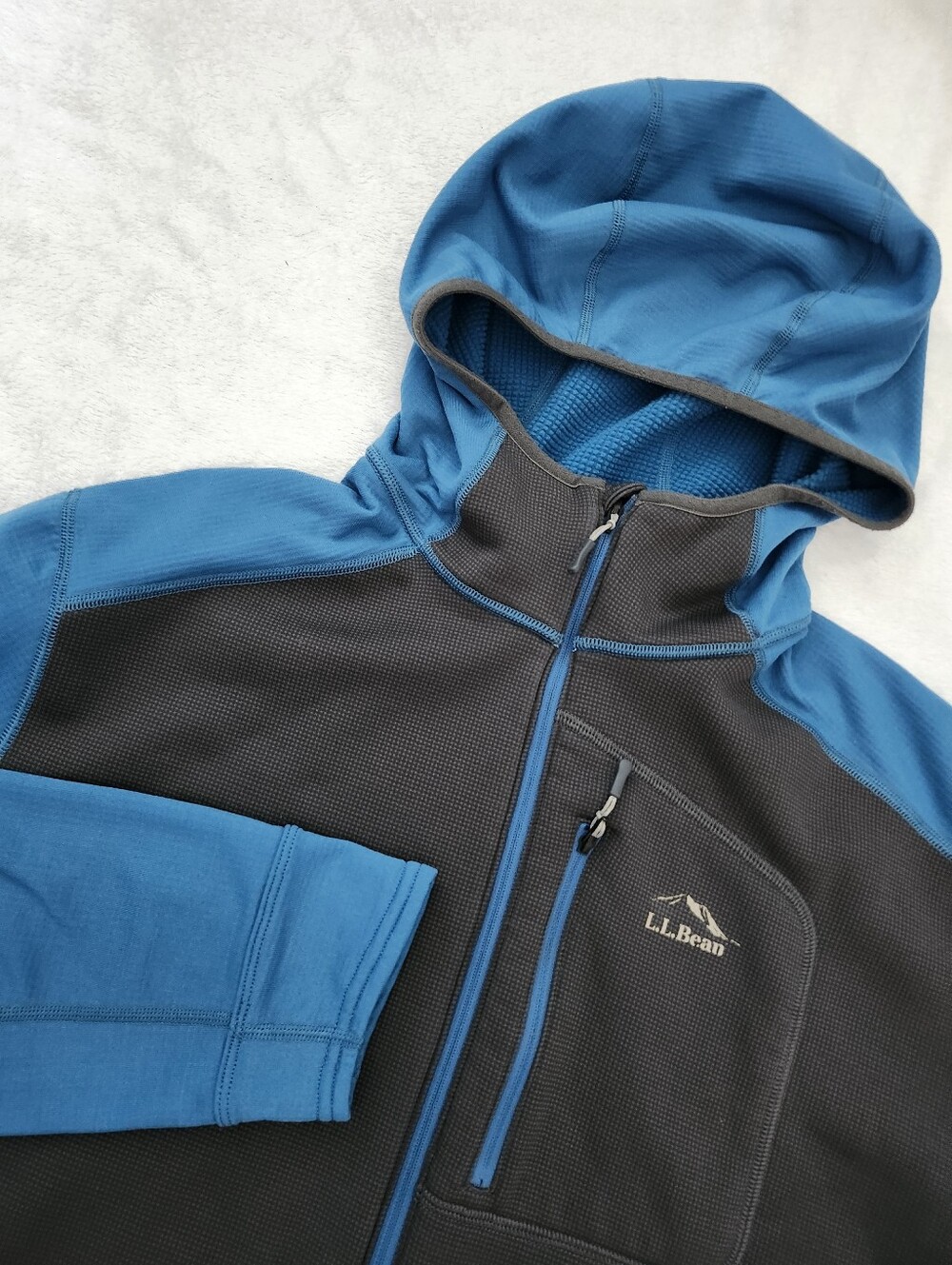 L.L. BEAN Men's Size Large 1/2 Zip Polartec Trail Fleece Hoodie Grey Teal Blue